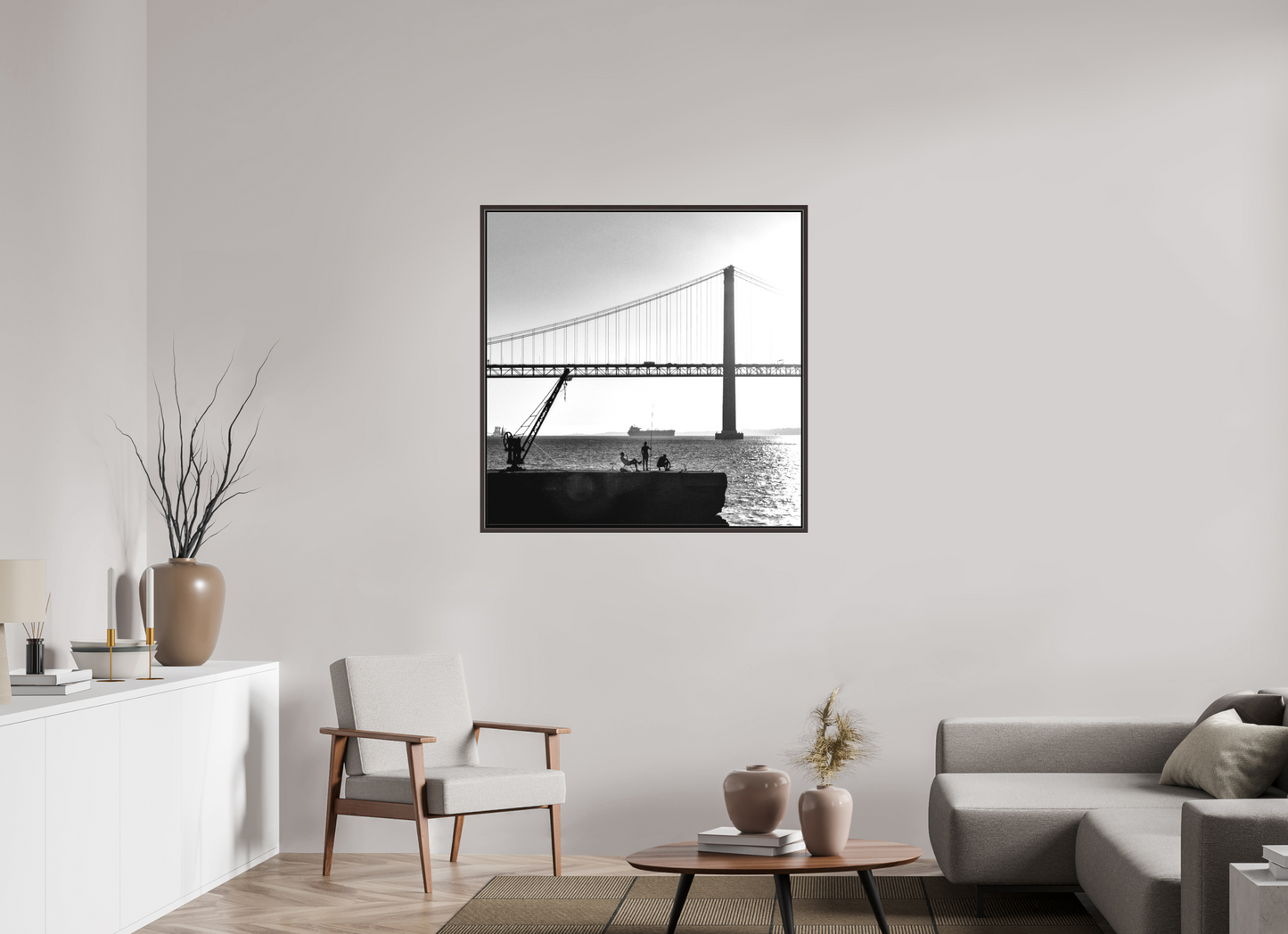 100 x 100 cm, Canva - moldura castanha escura Os Pescadores de Almada.